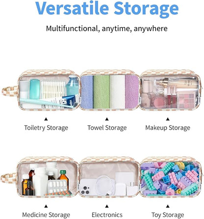 Narwey Clear Makeup Bag Cosmetic Bag with Zipper for Travel, Clear Toiletry Bags for Traveling Toiletries Women Men, Make Up Pouch Organizer with Handle, Skincare Bag (Light Checkerboard)