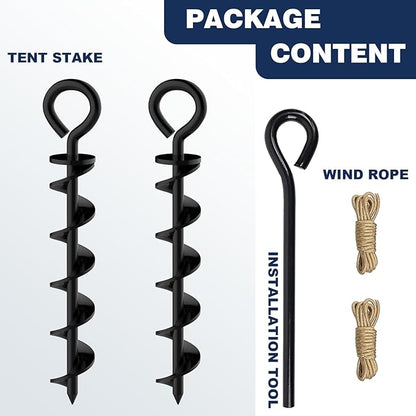 Eurmax USA Canopy Tent Stakes Dog Tie Out Stakes Corkscrew Shape Steel Trampoline Stakes with Iron Rod Installation Tool & 2 Wind Ropes - Set of 2 (Black)