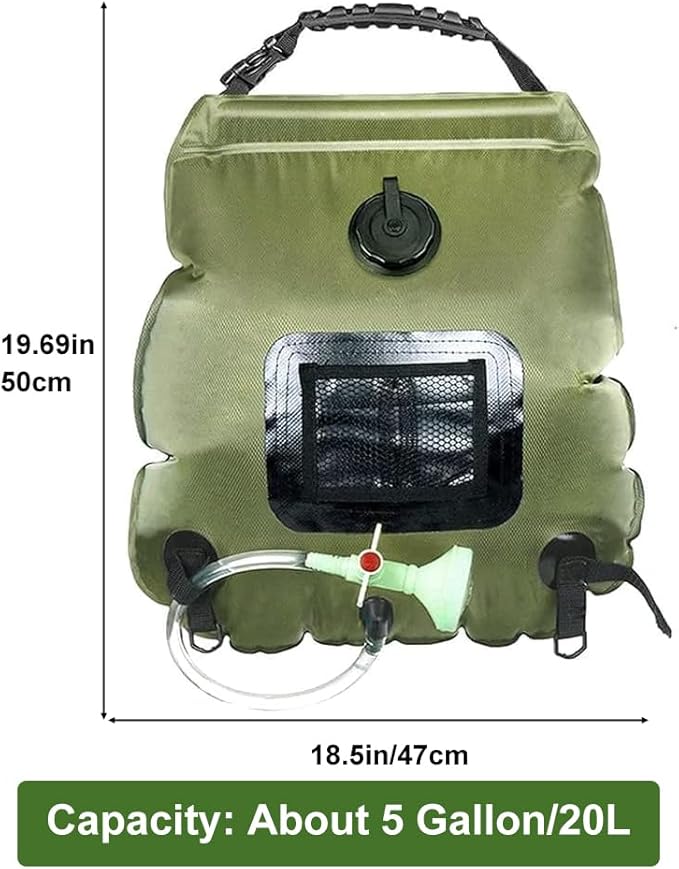Solar Portable Shower Bag, 5 Gal/20L Compact Outdoor Heating Camping Shower Bag with On-Off Switchable Shower Head&Removable Hose Suitable for Camping, Hiking, Travel, Beach Swimming