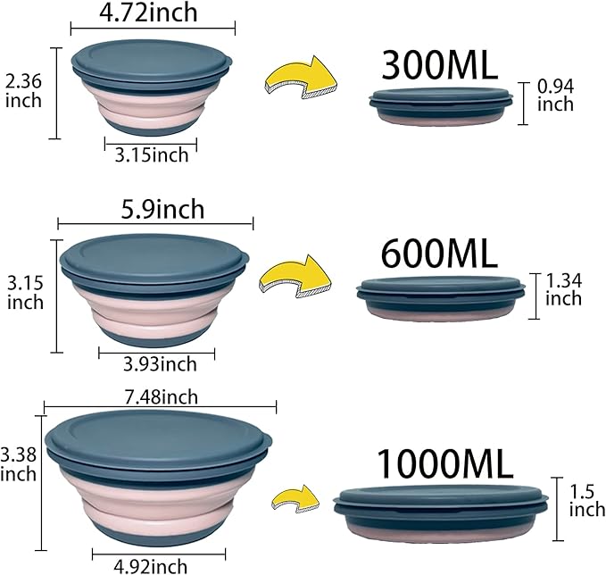 RMAMSCOV Camping Bowl, 3 PCS Food Grade Silicone Collapsible Bowl Lunch Box Salad Bowl with Lid, Expandable Food Storage Containers Set with Free folding tableware and storage bag (Pink)
