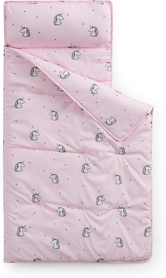 Kids Sleeping Bag Nap Mat with Pillow & Blanket – 3-in-1 Machine Washable Quilted Mat for Toddlers – Portable with Handles – 20" x 50" for Daycare, Preschool, Travel, & Sleepovers