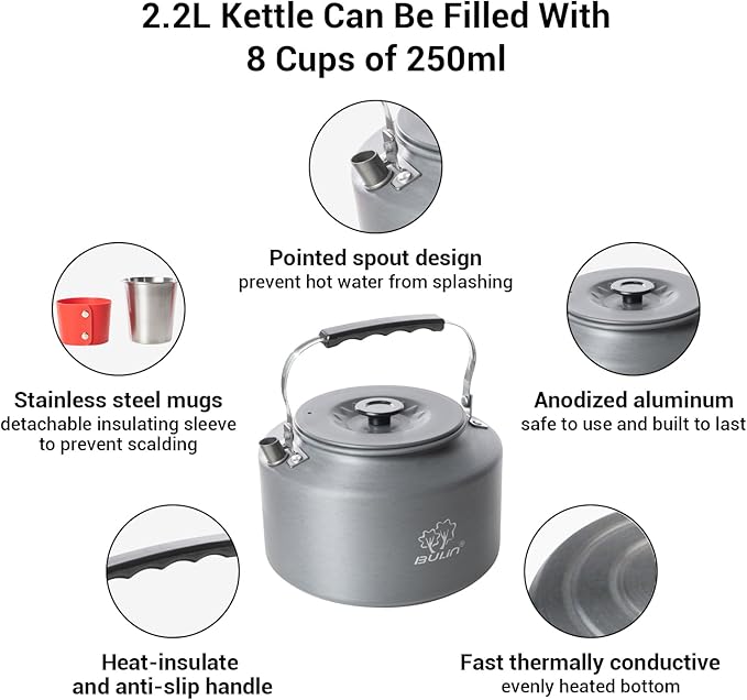 Bulin 2.2L Camping Kettle Set with 4 Cups Lightweight Aluminum Camp Tea Coffee Pot with 4 Stainless Steel Cups for Outdoor Camping Cookware Hiking Backpacking Kitchen Campfire and Picnic, Carrying Bag