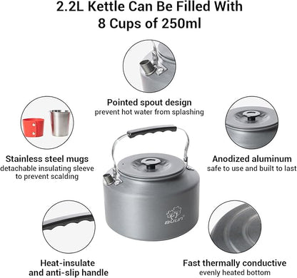 Bulin 2.2L Camping Kettle Set with 4 Cups Lightweight Aluminum Camp Tea Coffee Pot with 4 Stainless Steel Cups for Outdoor Camping Cookware Hiking Backpacking Kitchen Campfire and Picnic, Carrying Bag