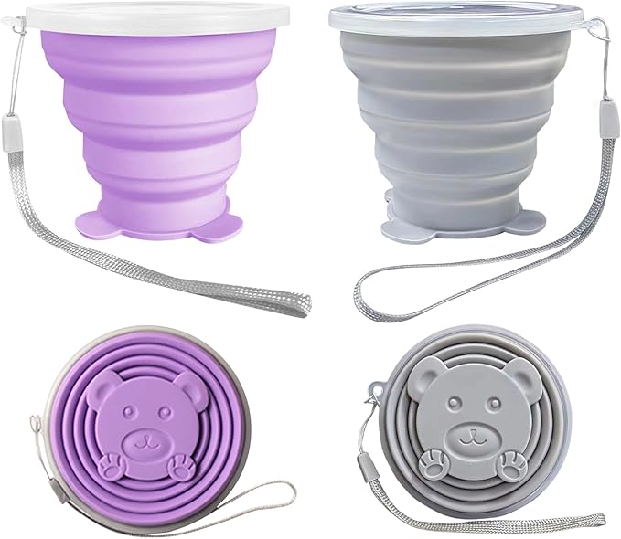 2 pcs 180ML Silicone Small Foldable Cup-Expandable Folding Drinking Cup -Reusable Portable Mugs Cup with Lids For Travel, Camping, Hiking, Survival, Holiday, Outdoor Sports Purple+Grey