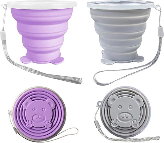 2 pcs 180ML Silicone Small Foldable Cup-Expandable Folding Drinking Cup -Reusable Portable Mugs Cup with Lids For Travel, Camping, Hiking, Survival, Holiday, Outdoor Sports Purple+Grey