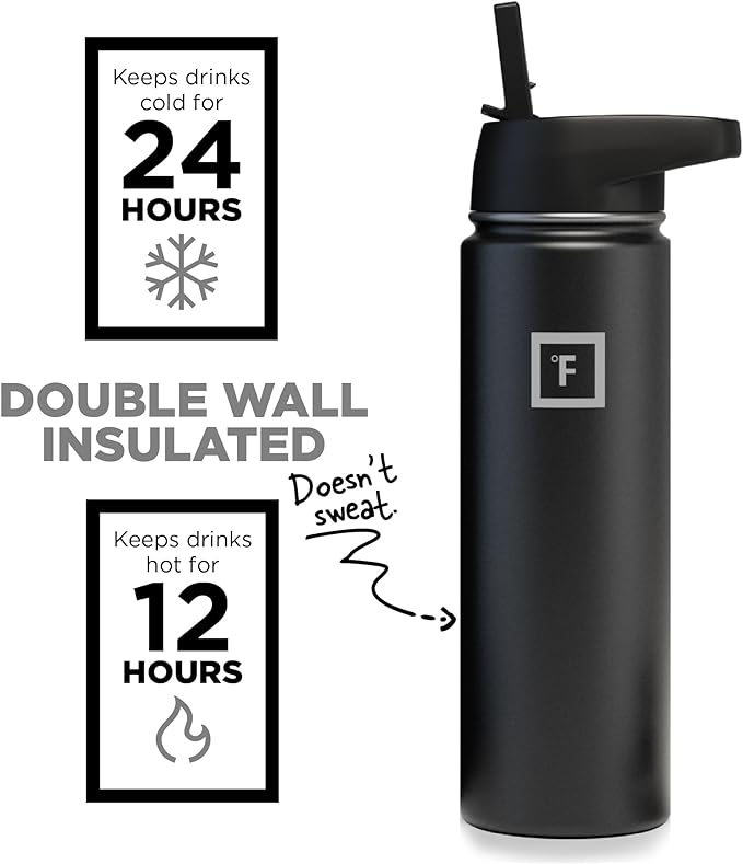 IRON °FLASK Camping & Hiking Hydration Flask, Wide Mouth, 3 Straw Lids, Stainless Steel Outdoor Water Bottle, Double Walled, Insulated Thermos, Metal Canteen - Midnight Black, 22 Oz