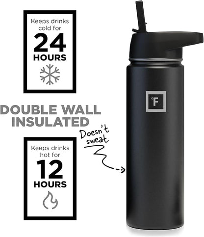 IRON °FLASK Camping & Hiking Hydration Flask, Wide Mouth, 3 Straw Lids, Stainless Steel Outdoor Water Bottle, Double Walled, Insulated Thermos, Metal Canteen - Midnight Black, 22 Oz