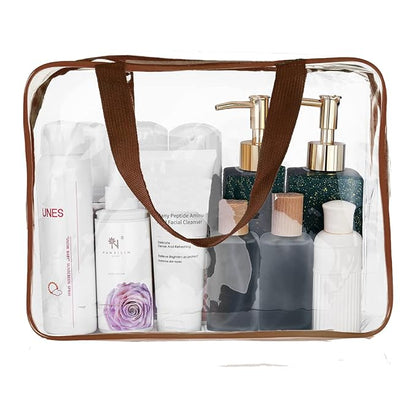 5Pcs Crystal Clear PVC Travel Toiletry Bag Kit for Women Men, Waterproof Vinyl Packing Organizer Storage Bags with Zipper Handle Straps, Cosmetic Pouch Carry on Airport Airline Compliant Bag Handbag