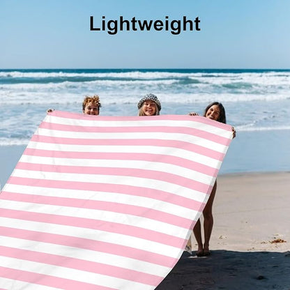 Beach Blanket Sandproof Waterproof, Pink Striped Picnic Blanket Extra Large 9 Ft X 10 Ft for 8 Adults with Stakes and Sand Pocket, Compact Lightweight Sand Free Beach Mat Essential