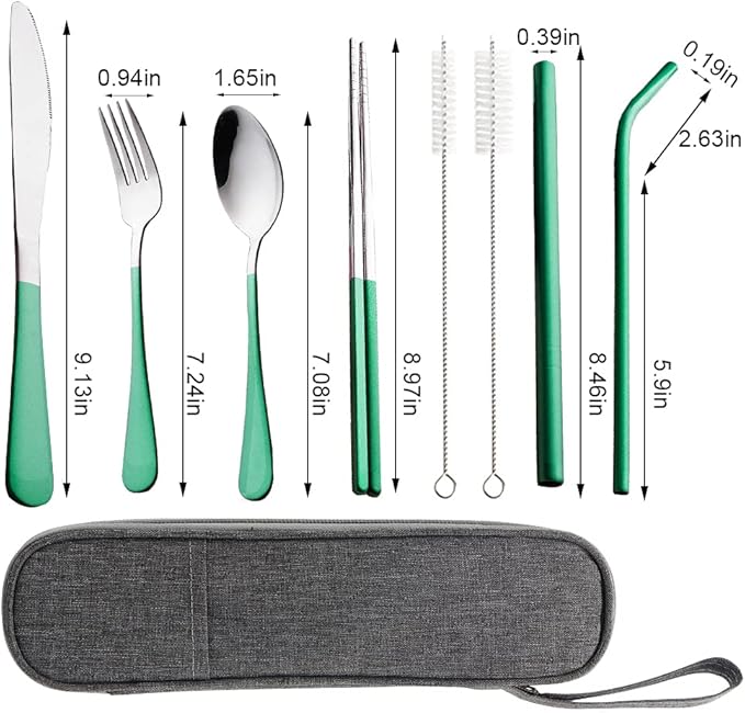 Travel Utensils with Case, Portable Travel Utensils Cutlery Set Stainless Steel Flatware Set for Camping 8pcs Including Dinner Knife Fork Spoon Chopsticks Boba Straw (Green)
