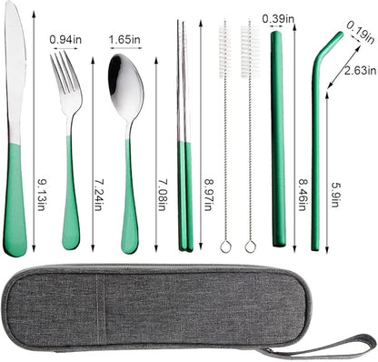 Travel Utensils with Case, Portable Travel Utensils Cutlery Set Stainless Steel Flatware Set for Camping 8pcs Including Dinner Knife Fork Spoon Chopsticks Boba Straw (Green)