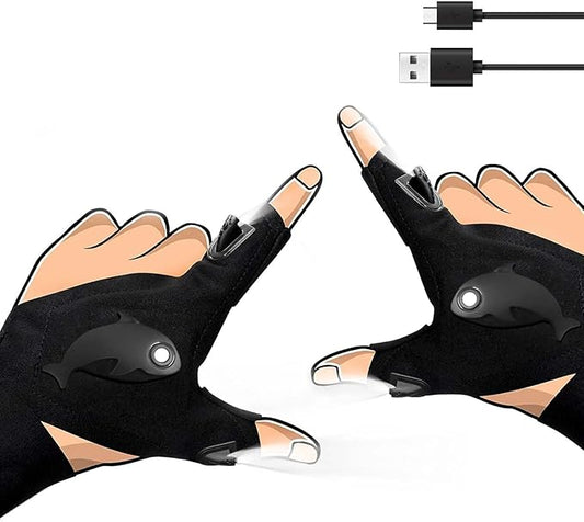 LED Rechargeable Flashlight Gloves, Gifts for Men, Father's Day Gifts for Dad, Cool Stretchy Fingerless Light Gloves Gadget for Repairing Fishing Camping and Car Repairing, 1 Pair