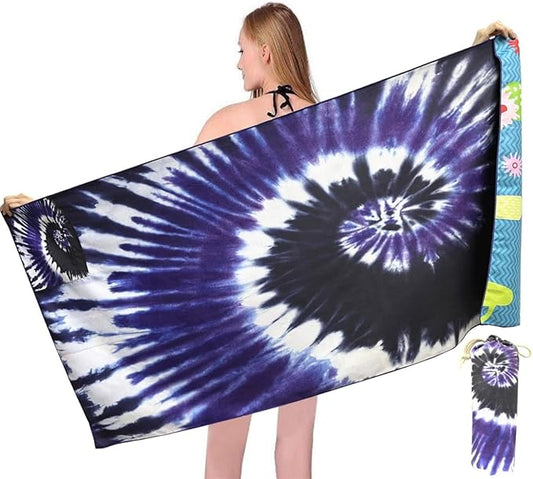 Microfiber Sand Free Beach Towel with Zipper Pocket ,Quick Fast Dry Oversized Lightweight Big Large Towels for Travel Pool Swimming Bath Camping Adult Women Men Tie Dye Beah Towel (tie dye purple)