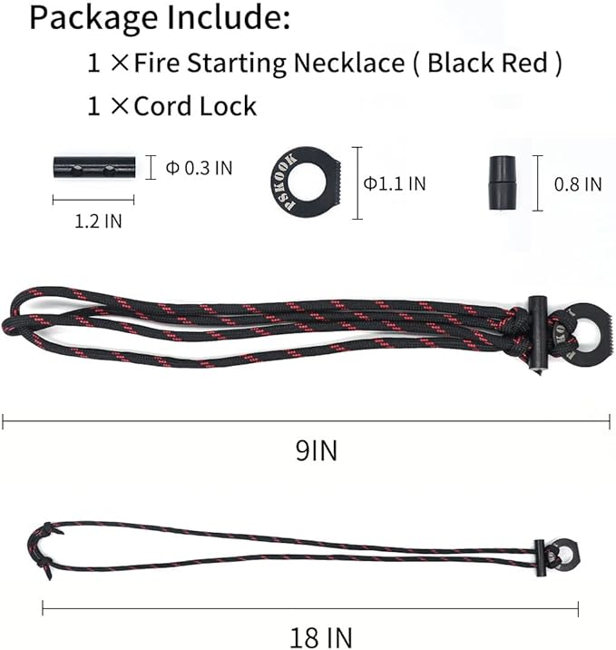 PSKOOK Fire Starter Necklace, Survival Paracord Necklace with Flint and Steel, Bushcraft Necklace for Camping, Hiking and Backpacking
