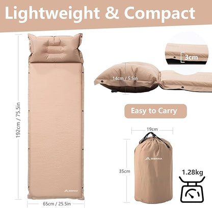 BISINNA Self Inflating Sleeping Pad Thick Foam Sleeping Mattress with Pillow for Camping Lightweight Insulated Sleeping Mat Fast Inflating for Camping Travel Car Tent 1.2inches