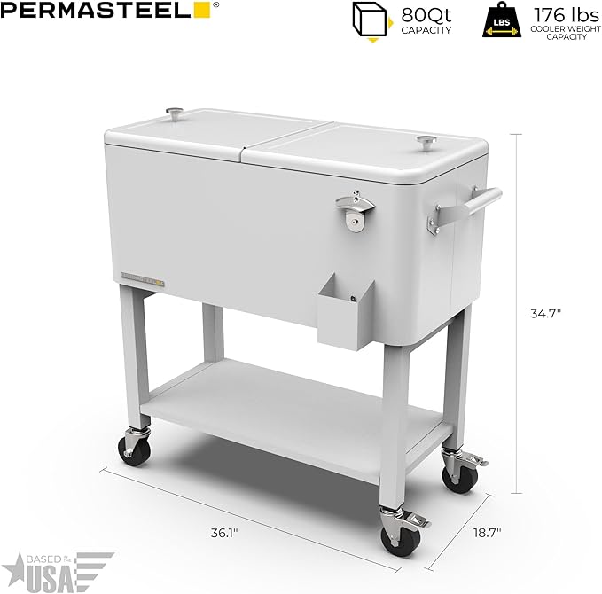 Permasteel 80-Qt Outdoor Patio Cooler with Removable Basin, Outside Beverage Cooler Cart, Rolling Cooler with Wheels and Handles, White