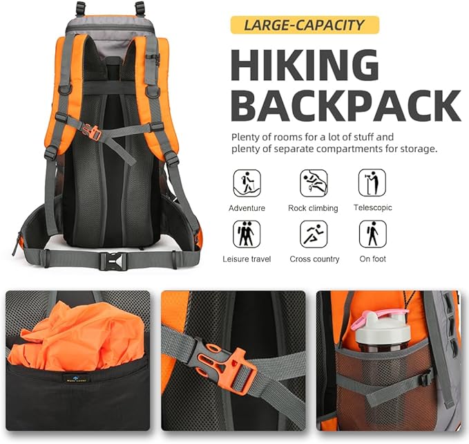King'sGuard 60L Hiking Backpack Large Waterproof Camping Backpack for Men and Women Lightweight Frameless Backpacking Backpack with Rain Cover (Orange)