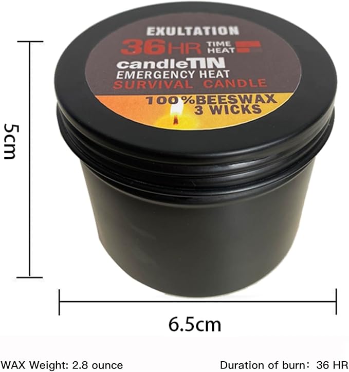 3-Wick Emergency Candle，36 Hours Long Burning, 100% Beeswax, Great Light &Heat Source for Survival, Camping, Black