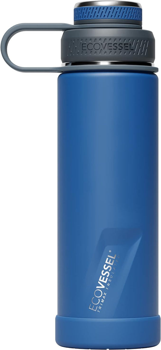 EcoVessel Stainless Steel Water Bottle with Insulated Dual Lid, Insulated Water Bottle with Strainer and Silicone Bottle Bumper, Coffee Mug – 20oz (Navy Nightfall)