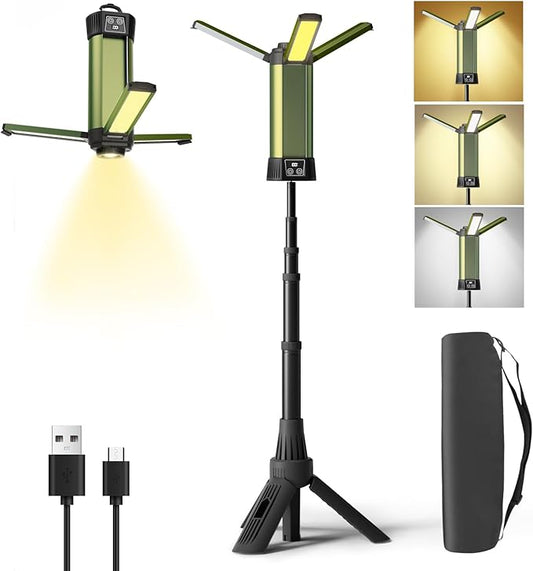 Rechargeable Camping Light with Stand, Outdoor LED Cordless Work Light, Portable Telescopic Bracket, 6AH Battery 500/1000/2000 Lumen, 3500K/4500K/6500K, Construction Lights