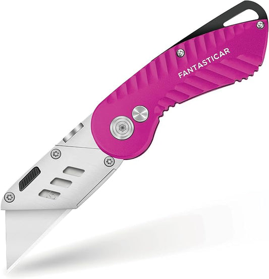 FantastiCAR Folding Utility Knife, Metal Box Cutter Body, with Safety Lock and 5 Extra Blades (Hot Pink)