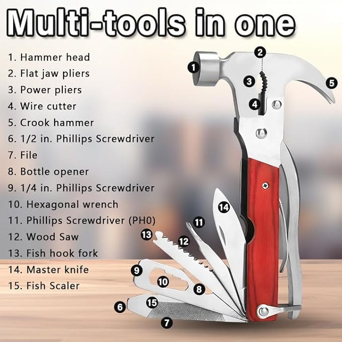Hammer Multitool 15 in 1 Multi-Tool Knife Hammer Pliers Saw Bottle Opener Screwdriver Household Camping Work Multitool Gifts for Men Dad
