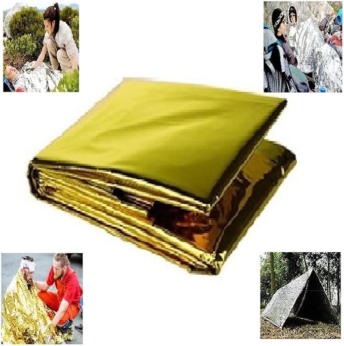 GALAXYLENSE Emergency Mylar Thermal Blanket for Survival First Aid Kits Army Outdoors Hiking Camping Bug Out Trauma Desert All Weather Condition Protection (4 Packs Gold)
