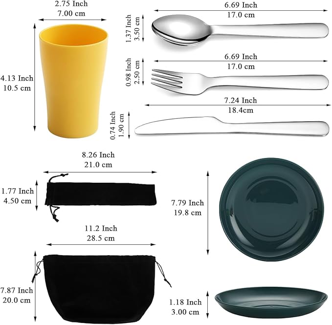Camping Utensils Mess Kit, Including Camping Spoon, Fork, Knife, Plate and Cup Packed in a Portable Bag, Easy to Carry, Dishwasher Safe