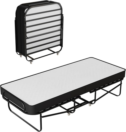 Greaton, 16-Inch Rollaway Folding Cot Bed with 5" Memory Foam Mattresses, Sturdy Metal Folding Frame, Fully Assembled, Great for Adults and Kids, Twin, White