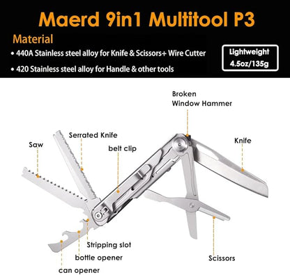 Maerd P3 9in1 Hard Stainless Steel Multitool, Foldable Self-Locking Multi-tool Pocket Knife with Belt clip, First Aid Scissors, Saw, Bottle Opener, Sickle, EDC Multitool Emergency