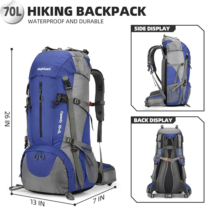 King'sGuard 70L Hiking Backpack Large Lightweight Waterproof Camping Backpack Travel Backpacking Backpack Daypack with Rain Cover -Frameless (Deep Blue)