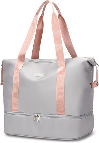 Large Travel Duffel Bag with Shoe Compartment, Gym Tote Carry on Bags for women, Lightweight Duffel Bags with Trolley Sleeve fit for Travel and Sport(Grey)