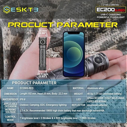 SKILHUNT EC200S-RED 1400 lumens White and Red Beam USB-C Rechargeable Powerful EDC Flashlight - Lightweight, Compact Mini Pocket Light Camping Hiking Running Waterproof Outdoor (High CRI 4500K, Grey)