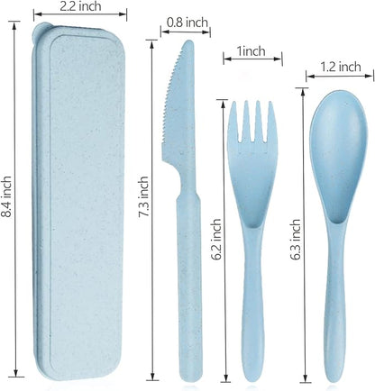 Reusable Travel Utensils Set with Case, Blue Wheat Straw Portable Knife Fork Spoons Tableware, Eco-Friendly BPA Free Plastic Cutlery Travel Picnic Camping Utensils for Kids Adults Daily Use