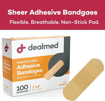 Dealmed Sheer Plastic Flexible Adhesive Bandages – 100 Count (2 Pack) Bandages with Non-Stick Pad, Latex Free, Wound Care for First Aid Kit, 1" x 3"