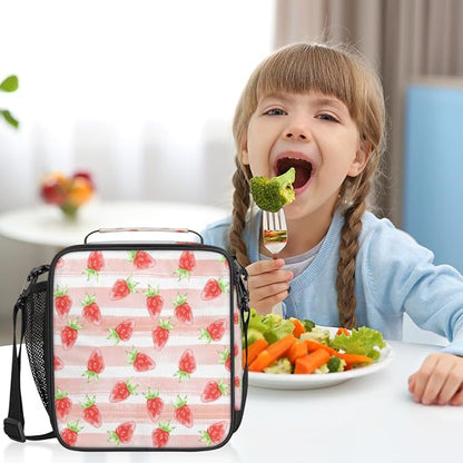 Fruit Strawberry Insulated Lunch Bag Girls,Kids Thermal Meal Cute Pink Stripe Reusable Lunch Box Children Waterproof Back to School Picnic