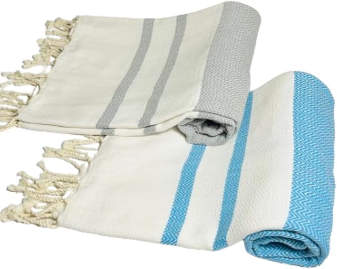 2 Set Oversized Turkish Bath Towel Sheets for Adults XXL Bathroom Extra Large Luxury Cotton Pool Peshtemal Washable Good Texture, Absorbency, Softness (Turquoise Blue and Silver Gray)