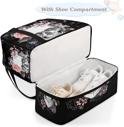 Sports Gym Bag, Sugar Skull Flower Halloween Travel Duffel Bag with Shoes Compartment Waterproof Overnight Bag Workout Weekender Bag Boys Girls Yoga Dance Bag Gym Tote Bag for Women Men