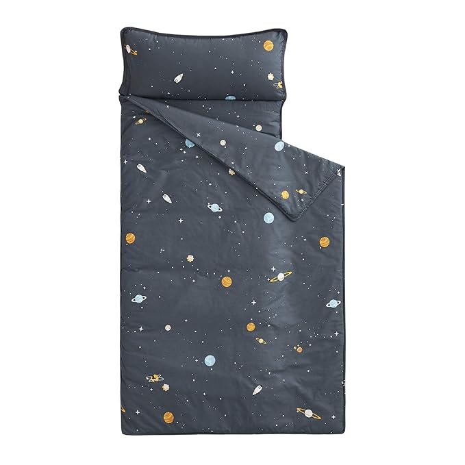 Wake In Cloud - Toddler Nap Mat with Pillow and Blanket, 100% Cotton Fabric, for Kids Boys Girls in Daycare Kindergarten Preschool, Roll Up Sleeping Bag, Gray Spaces, Extra Long