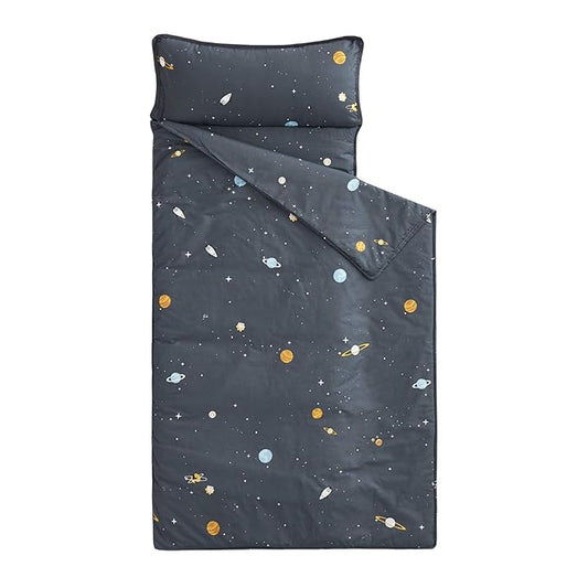 Wake In Cloud - Toddler Nap Mat with Pillow and Blanket, 100% Cotton Fabric, for Kids Boys Girls in Daycare Kindergarten Preschool, Roll Up Sleeping Bag, Gray Spaces, Extra Long
