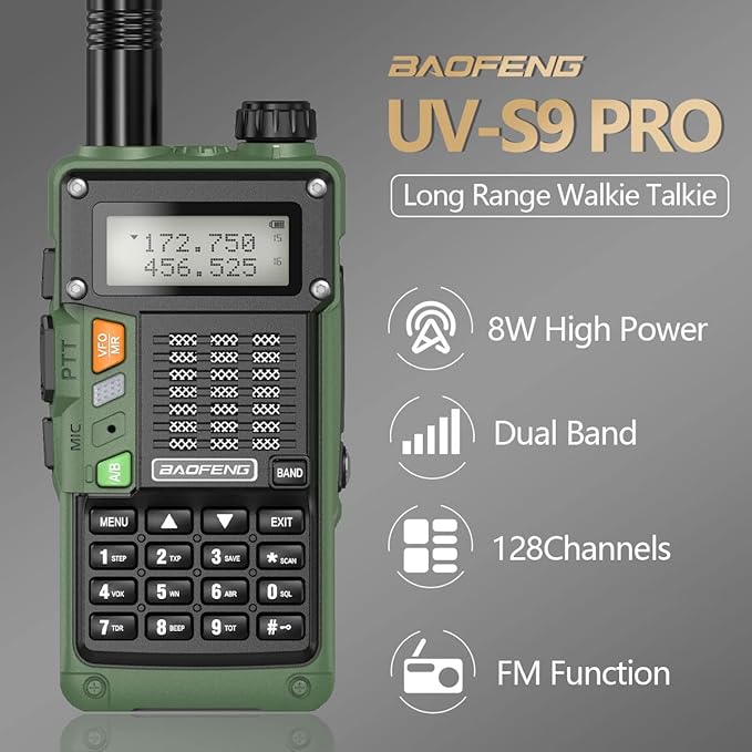 Baofeng Radio Ham Radio Handheld UV-S9 Pro 8W High Power Portable Long Range Two Way Radio with Battery and USB Charger Cable Upgrade of UV-5R Walkie Talkies (Green)