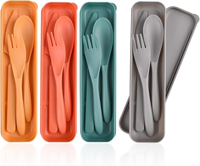 Reusable Travel Utensils Set with Case, 4 Sets Plastic Portable Knife Fork Spoons Tableware for Kids Adults Travel Picnic Camping Utensils