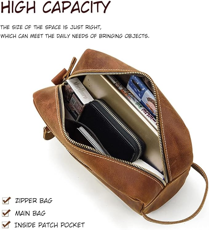 Toiletry Bag for Men or Women, Full Grain Leather Handcrafted Dopp Kit, Vintage Travel Leather Toiletry Travel Pouch, Large Cosmetic Bathroom Travel Shaving Bag, Fully Lined with Cotton Fabric