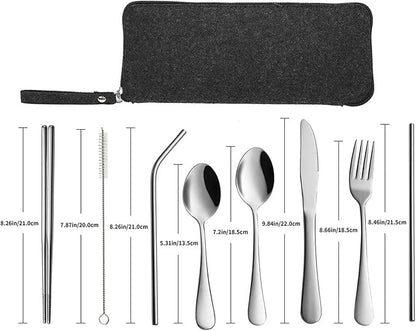 VANDBAO Portable Travel Utensils, Reusable Silverware with Case for Fixing Tableware, 9 Pieces Stainless Steel Stable Flatware Set, Camping Picnic Cutlery Set (Silver Set)
