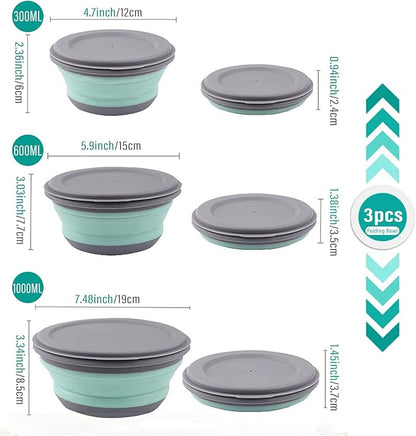 Collapsible Bowls, 3pcs Food Grade Silicone Camping Bowl Salad Bowl with lids, Portable Expandable Lunch Box Food Storage Container for Camping Travel and Picnic