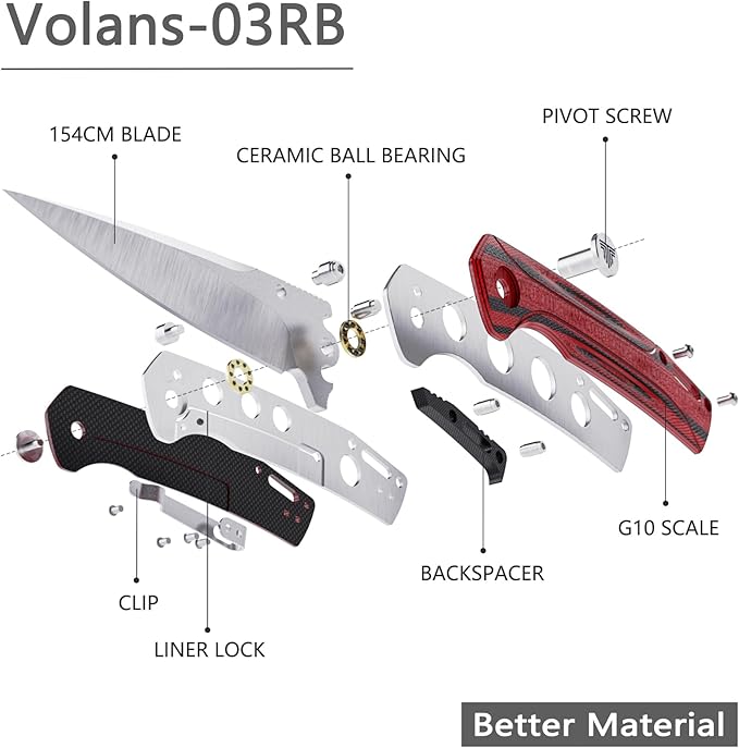 154CM Pocket Knife,3.26in Thumb Stud Satin 154CM Blade,Red and Black G10 Handle with Deep Carry Clip,Folding EDC Knives for Men Camping Fishing,Volans-03RB