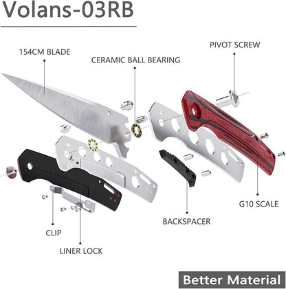 154CM Pocket Knife,3.26in Thumb Stud Satin 154CM Blade,Red and Black G10 Handle with Deep Carry Clip,Folding EDC Knives for Men Camping Fishing,Volans-03RB