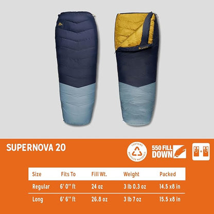 Kelty Supernova Down Sleeping Bag, Compact + Lightweight, Roomy Shape for All Body Types and Sleep Positions, Recycled Shell Fabrics