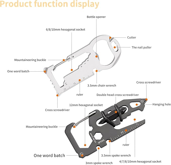 15-in-1 Carabiner Multitool with Bottle Opener, Screwdriver, Wrench - EDC Pocket Tools for Outdoor Camping Gadgets - Suitable for Men and Women 2pcs