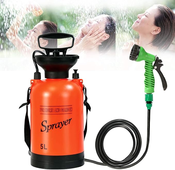 CLICIC 1.3 Gallon Pressure Sprayer with 7 Spray Modes, Camping Shower with Removable Hose and Shower Head, for Camping Outdoor Traveling Hiking and Pet Bath, 5L, Red